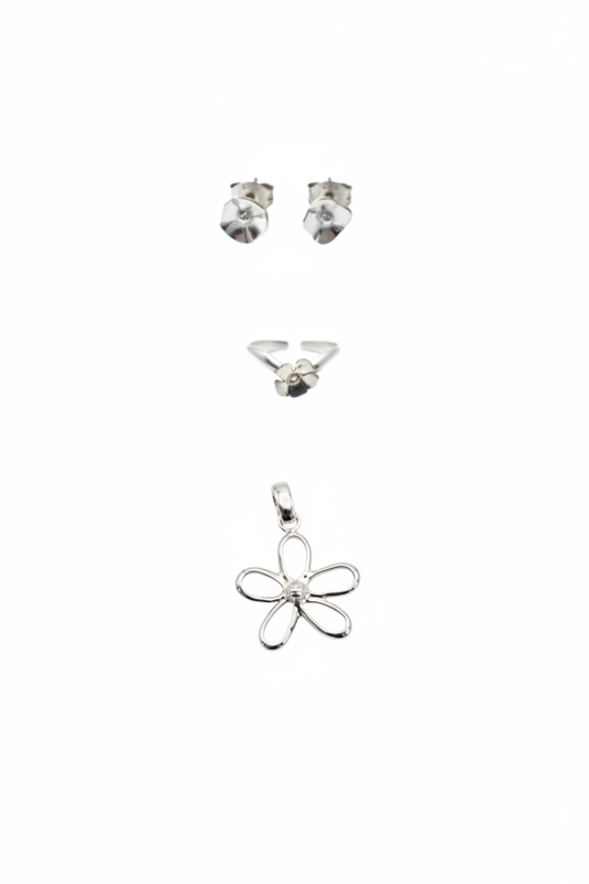 Conjunto CHËRRY em prata de lei 925 — pingente, brincos e anel com flor de cerejeira, MÖHYA Signature