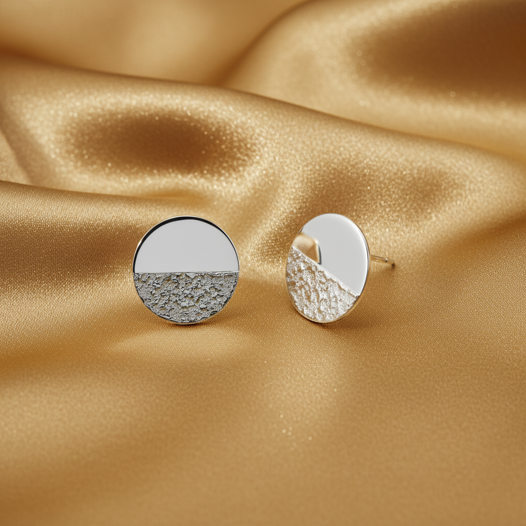 Brincos redondos em prata de lei 925, metade polida e metade texturizada, sobre cetim dourado — MÖHYA Signature®