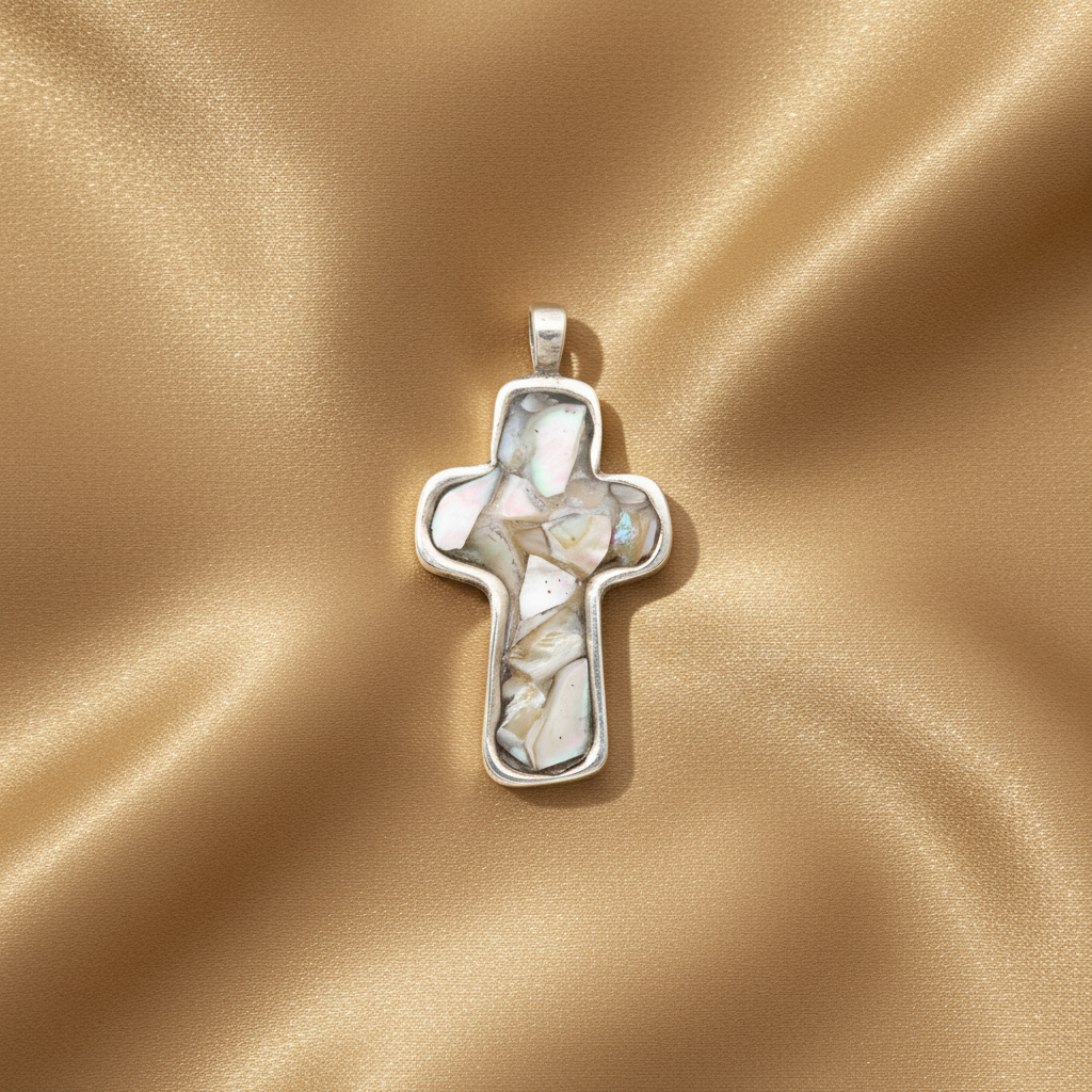 Pingente em forma de cruz com madrepérola e prata de lei 925, sobre cetim dourado — MÖHYA Signature®