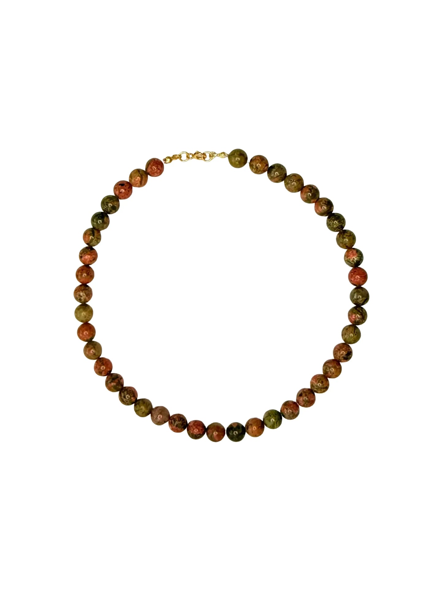 Colar de contas redondas em tons de verde e marrons, fecho dourado, joia artesanal