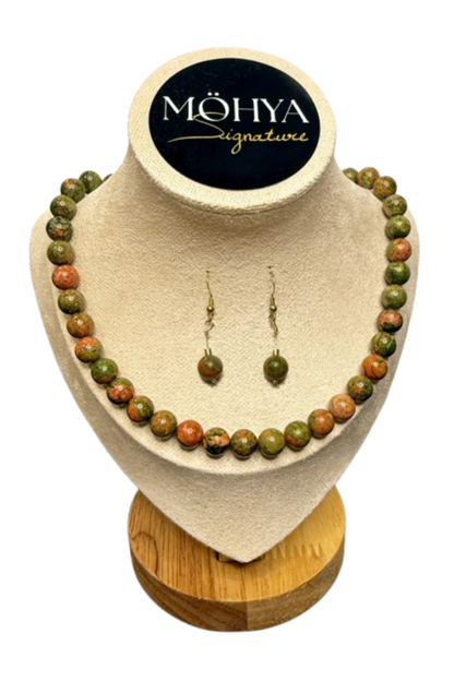Conjunto de unakita em prata dourada — colar e brincos, joalharia de autor MÖHYA Signature