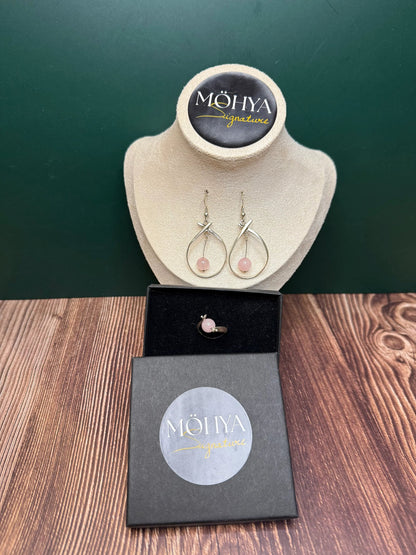 Conjunto PRÏNCIPESSA — brincos e anel em prata 925 com quartzo-rosa, ourivesaria portuguesa MÖHYA Signature