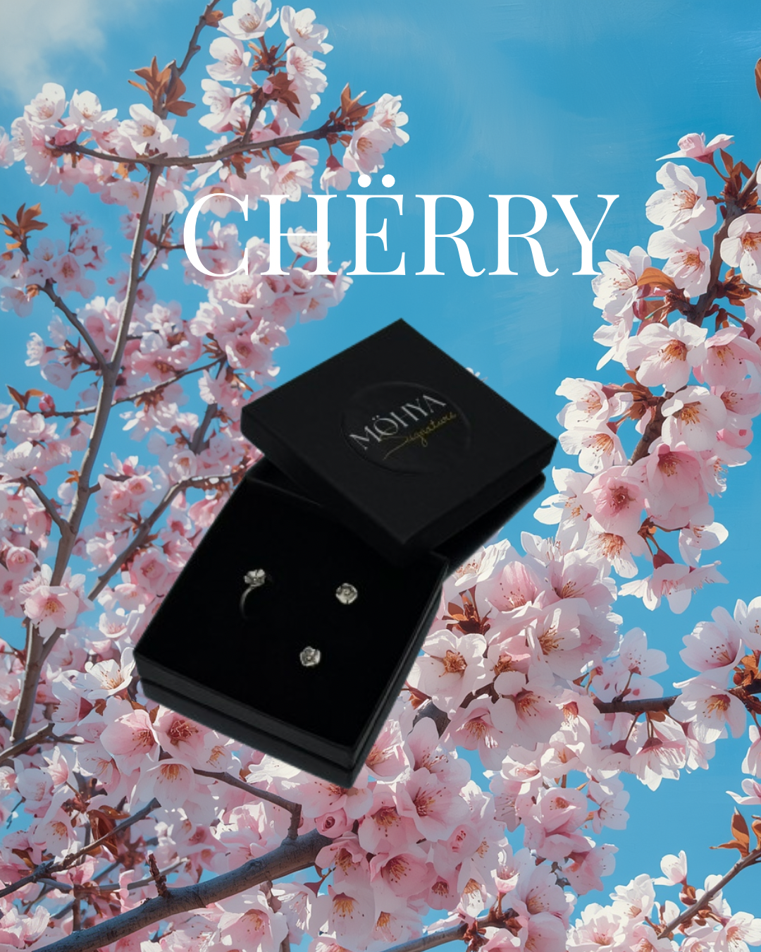 Conjunto CHËRRY em prata 925 — anel e brincos florais sobre flor de cerejeira | MÖHYA Signature®