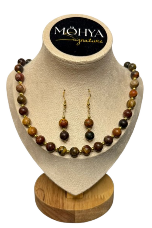 Conjunto Colar e Brincos Jaspe Picasso | Prata Dourada