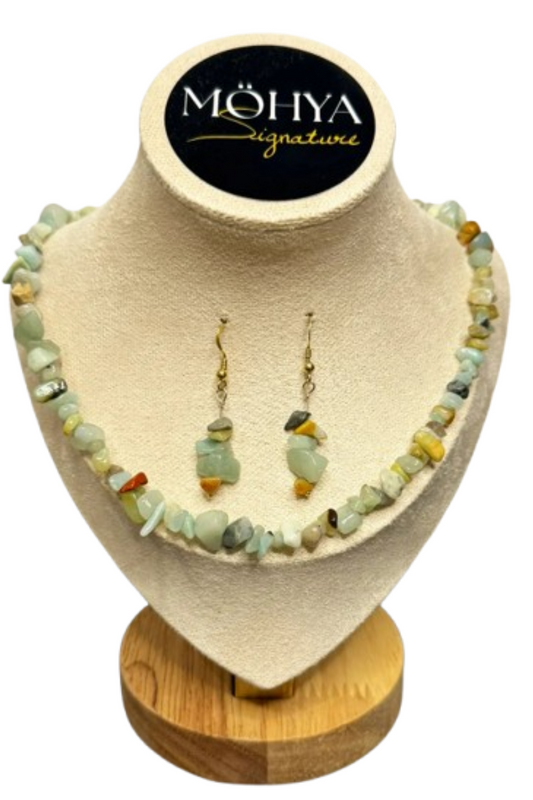 Conjunto Pedra Amazonite – Calma, Comunicação e Prosperidade | Prata Dourada