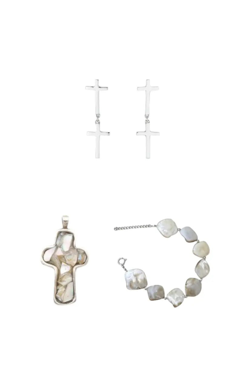 Conjunto SÄCRA em prata 925 — pingente, brincos e pulseira de cruz com madrepérola, joalharia de autor MÖHYA Signature