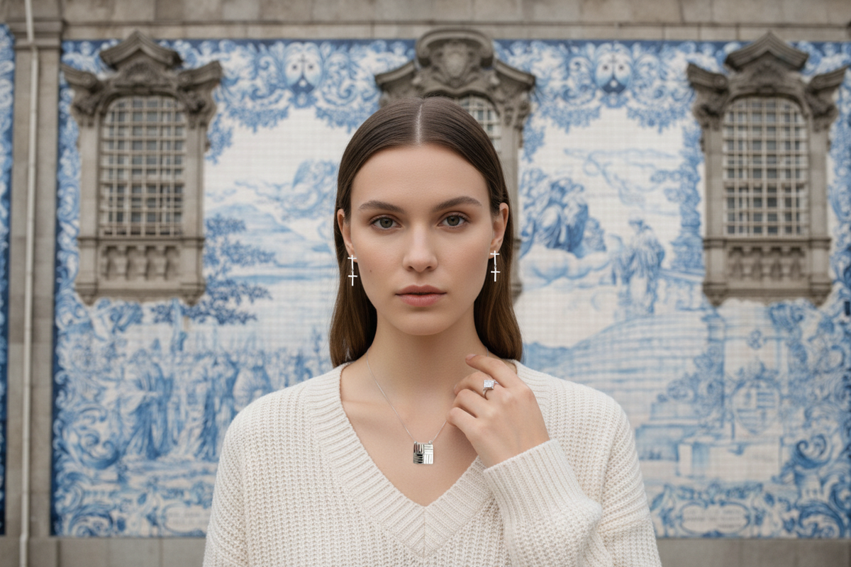 Modelo com Pingente TÏLE, brincos de cruz e Anel PÖNTE em prata 925 diante de azulejo português — Coleção PÖRTUS, MÖHYA Signature®