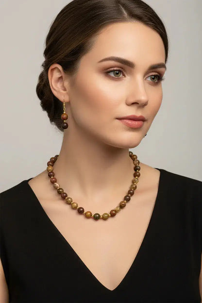 Conjunto de jaspe picasso em prata dourada — colar e brincos, MÖHYA Signature