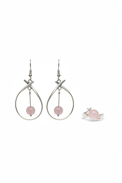 Conjunto PRÏNCIPESSA — brincos e anel em prata de lei 925 com quartzo-rosa, MÖHYA Signature
