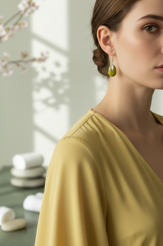 Mulher com vestido amarelo e brincos da coleção Páscoa