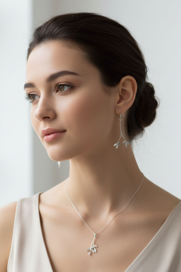 Mulher elegante com conjunto de pingente e brincos