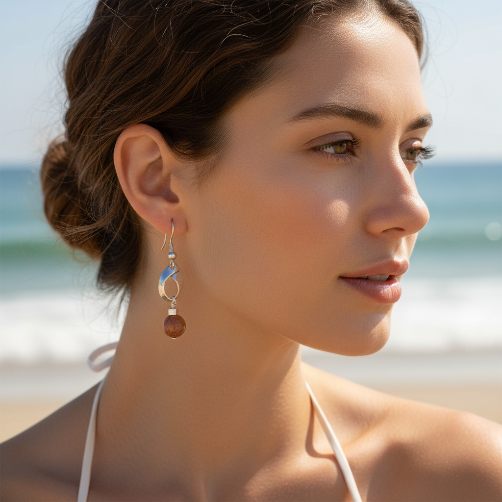 Mulher na praia usando brincos em prata com pedras naturais