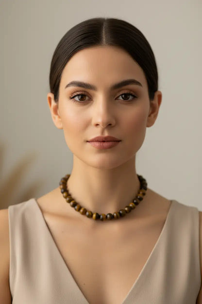 Mulher usando choker de Olho de Tigre 40cm MÖHYA Signature
