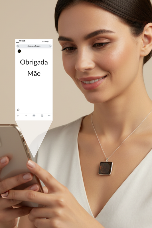 Mulher sorrindo olhando para o celular, usando colar de prata com pingente quadrado, mensagem 'Obrigada Mãe' na tela.