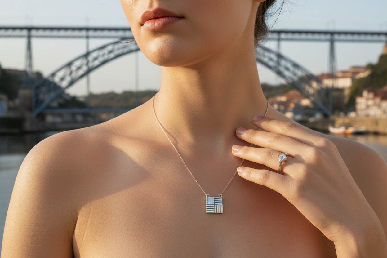 Pingente TÏLE e Anel PÖNTE em prata 925 com a Ponte D. Luís I ao fundo — Coleção PÖRTUS, MÖHYA Signature®
