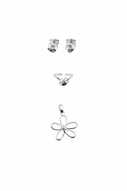 Conjunto CHËRRY em prata de lei 925 — pingente, brincos e anel com flor de cerejeira, MÖHYA Signature